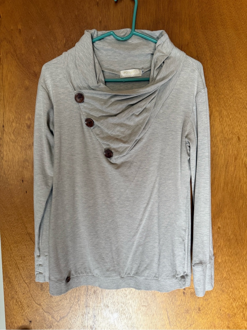Women’s Light Gray Button-Detail Cowl Neck Sweater